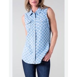 Kimes Ranch Lorena Denim Tank Top Sleeveless Shirt in checkered print‎